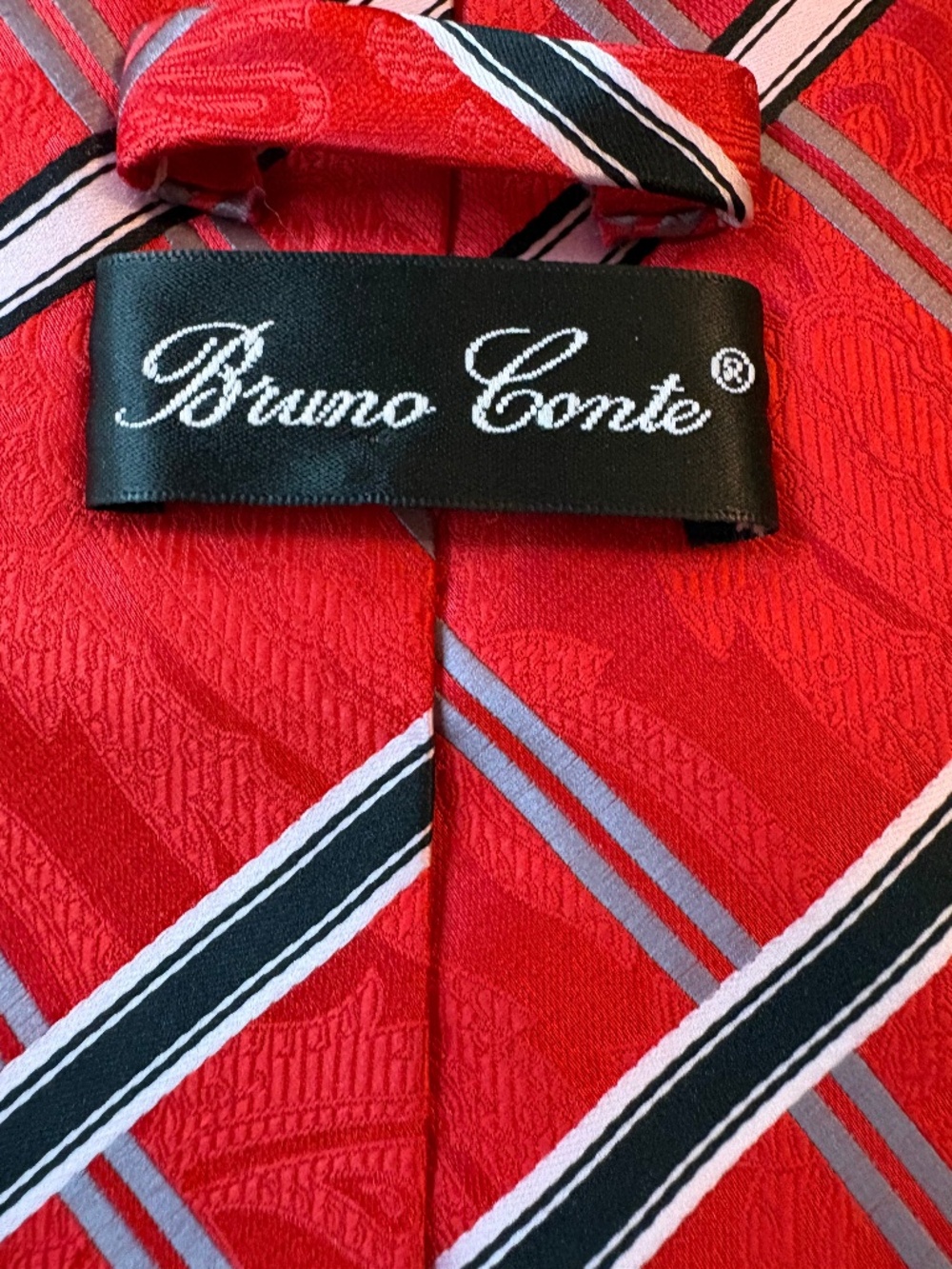 Bruno Conte Red Striped Paisley Necktie - Handmade Mens Power Tie
